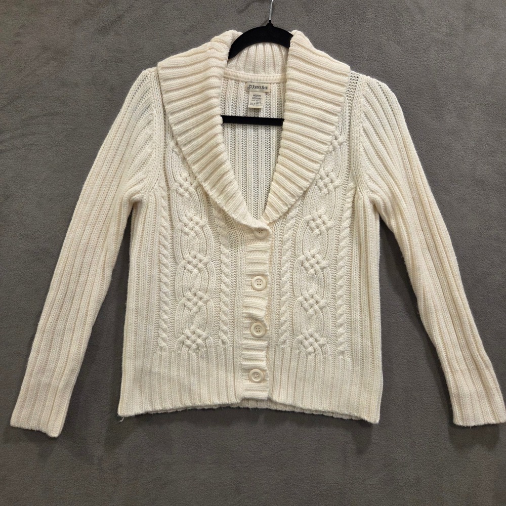 St Johns Bay Cable Knit Cardigan Sweater Womens Size Medium Casual Classic Comfy